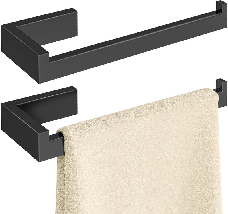Gypie Hand Towel Holder for Bathroom Wall 2 Pack -Modern Towel Ring Square Hidden Mount with Dual Screws, Anti-Slip End, Stainless Steel, Matte Black - Image 1